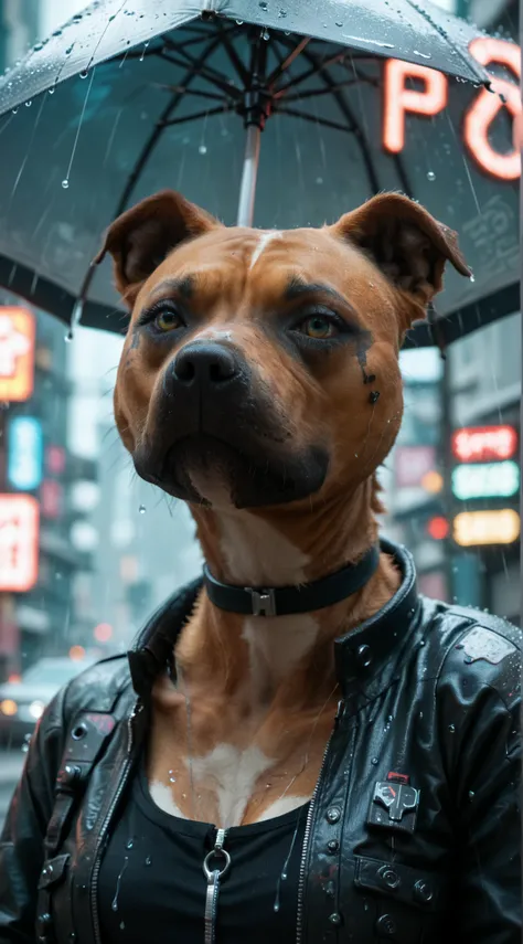 cyber 3d,((anthro)) ((pitbull)) woman holding an umbrella. Set against a rainy street filled with neon signs. cyberpunk style, gritty, close up shot, cybernetics, cyborg