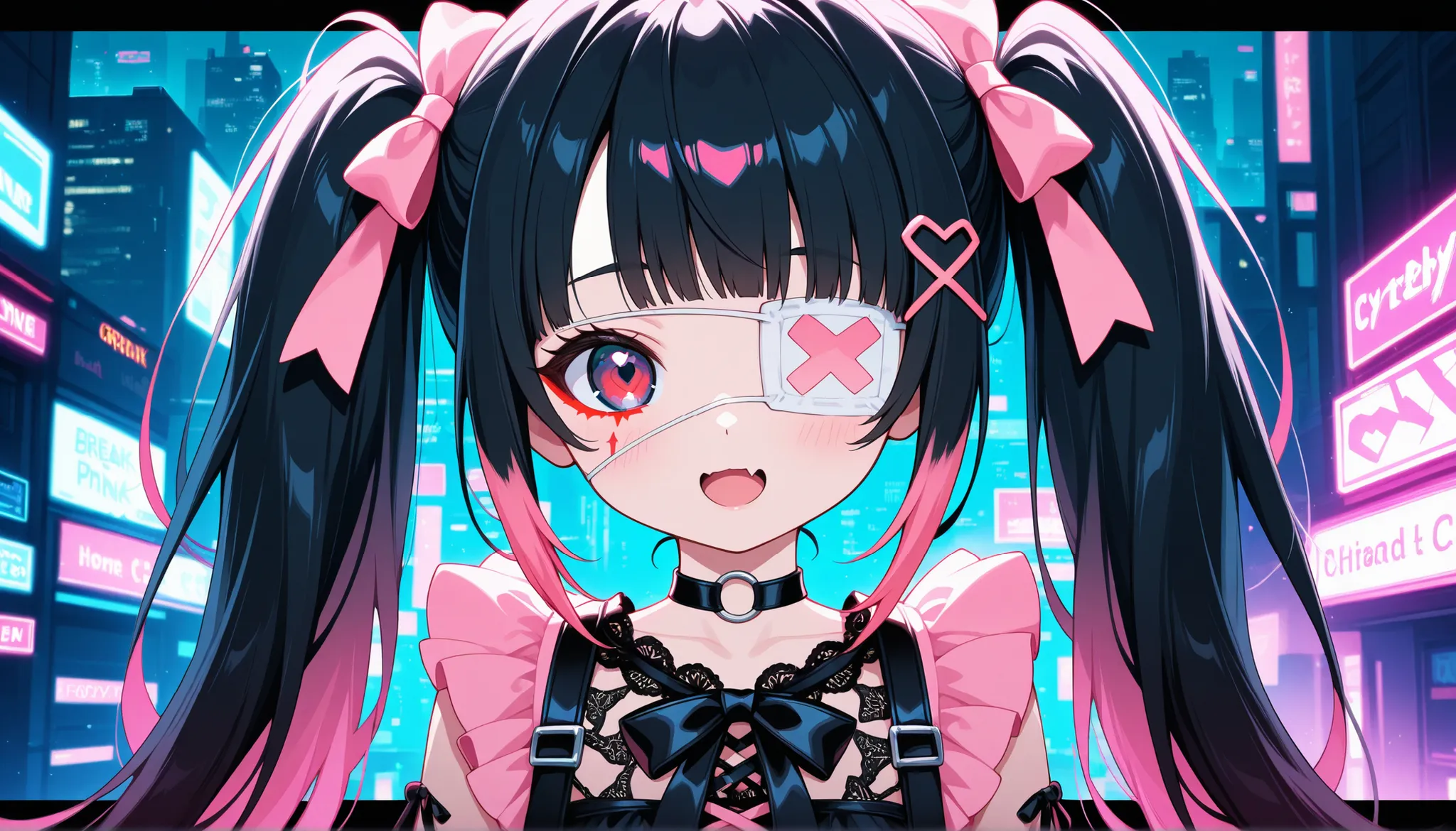 1girl,solo,(twin tails),black hair,,gradation hair,Very long hair,Home Cut,Leather Fang,Close,O ring choker,x hair ornament included,heart hair ornament,medical eye patch
,  BREAK Pink Ruffle Blouse  ,black suspender skirt,ribbon,Black Lace Details,pink an...