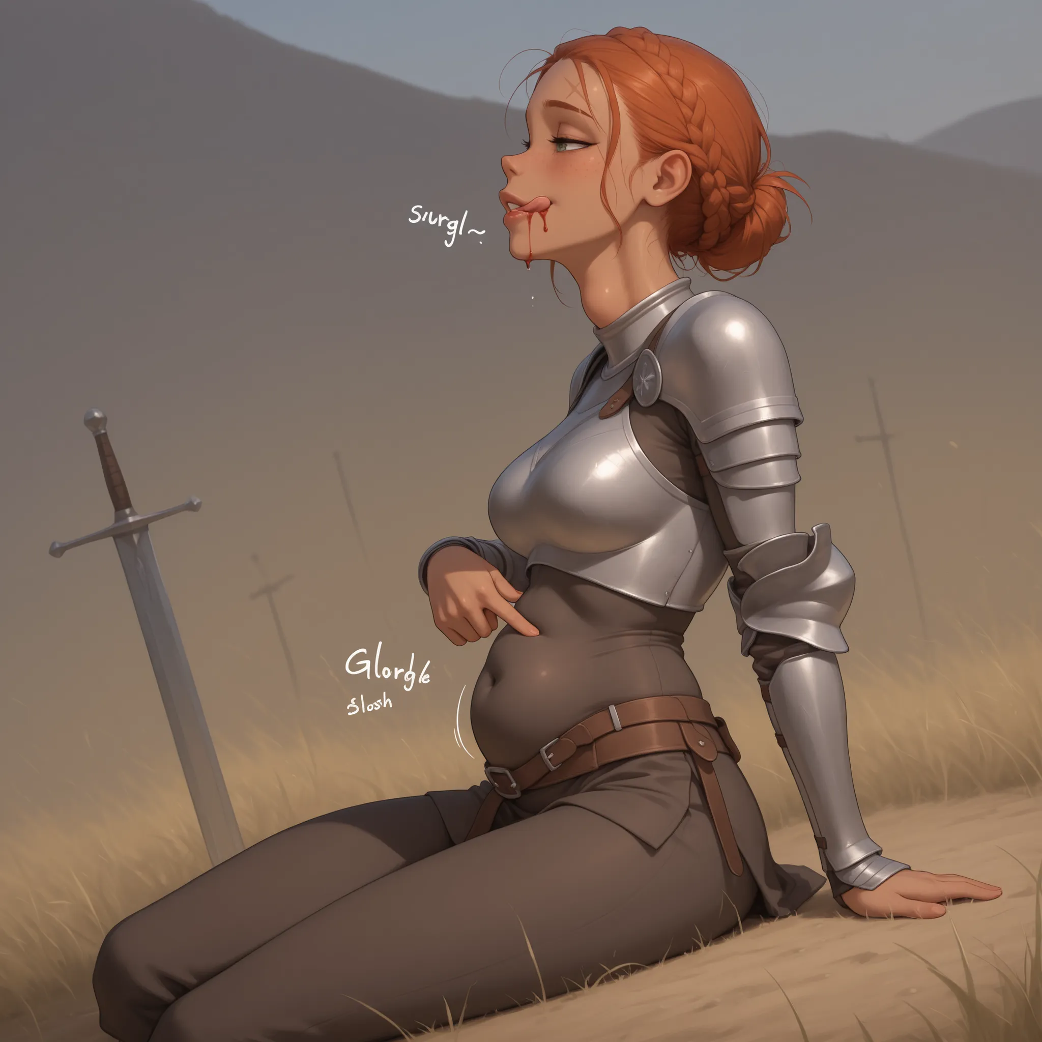 masterpiece, high quality, best quality,
grass field, medieval training ground, knight surcoat, breastplate, sword belt, toned, abs, muscles, dark bronze skin, facial scar, visible forehead, crown braid, braids, bloody drool,
fully dressed, covered navel,...
