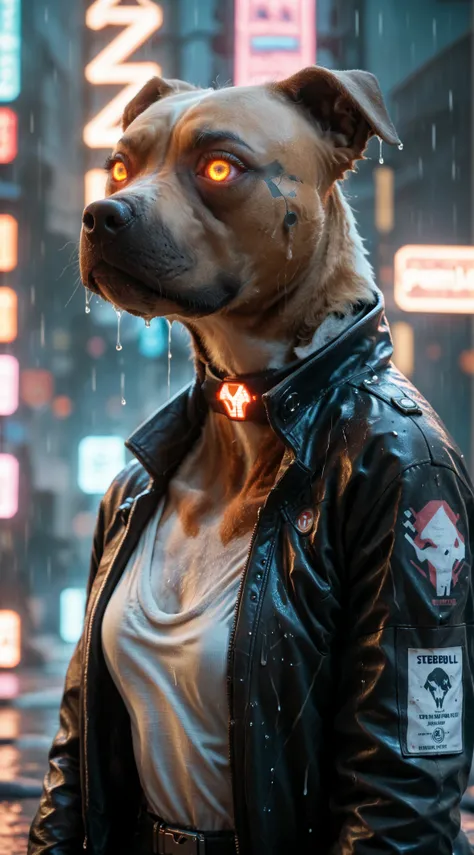 cyber 3d,((anthro)) ((pitbull)) woman in a biker jacket. Set against a rainy street filled with neon signs. cyberpunk style, gritty, close up shot, cybernetics, cyborg, wet, one glowing eye