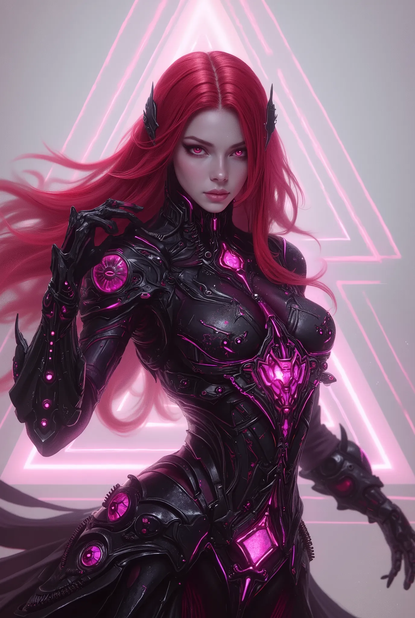 She's striking a bold attacking pose, neon colored, (Best Quality , 4K , 8K , High Resolution , Masterpiece: 1 . 2) , (Super Detailed , Realistic , Photorealistic:1 . 37), A mystical female figure with red hair and glowing red eyes, wearing an elegant futu...
