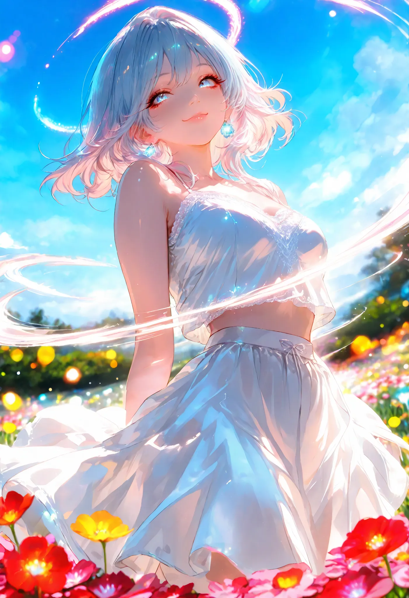 Neon Light Border Shining Woman Illustration, ((Spinning Motion:1.4, The hem of the skirt widens:1.2)), white camisole, white long skirt, Beautiful Woman with Shining Outlines, (Beautiful Face Details: beautiful blue eyes, Double eyelids, long eyelashes, g...