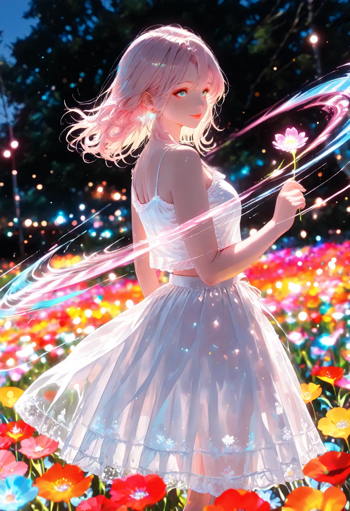 Neon Light Border Shining Woman Illustration, ((Spinning Motion:1.4, The hem of the skirt widens:1.2)), white camisole, white long skirt, Beautiful Woman with Shining Outlines, Glowing flower field, Summer Scenery, Amazing Scenery High Resolution,4K,high q...