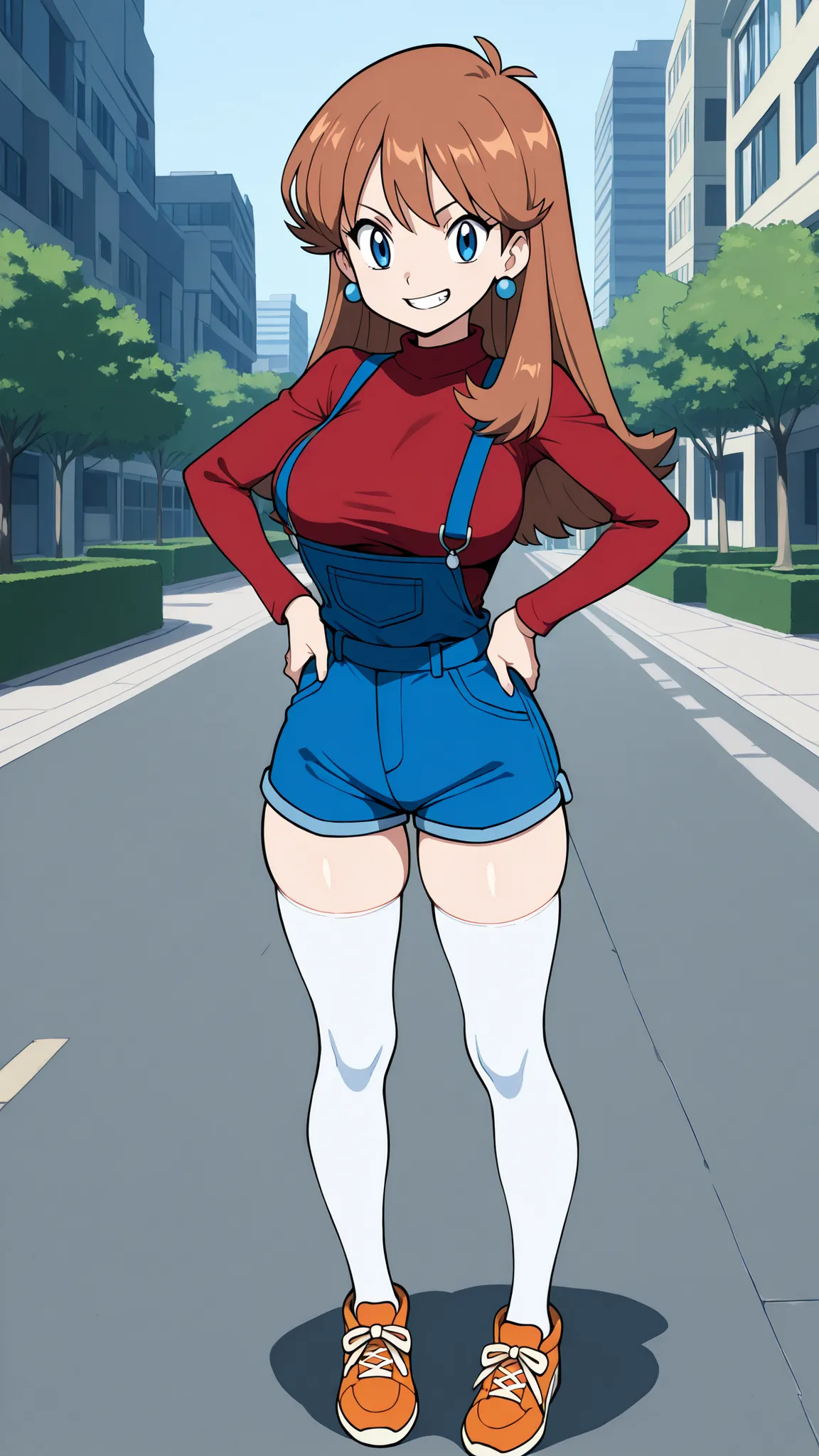 adult older sister, Tall, big boobs, slim sexy body that can be licked by mobs, jam one's hands on one's hips, orange sneakers with hee-cups, bare hands, red long sleeve knitted shirt, blue overalls denim overalls, white knee-high stockings, Absolute regio...