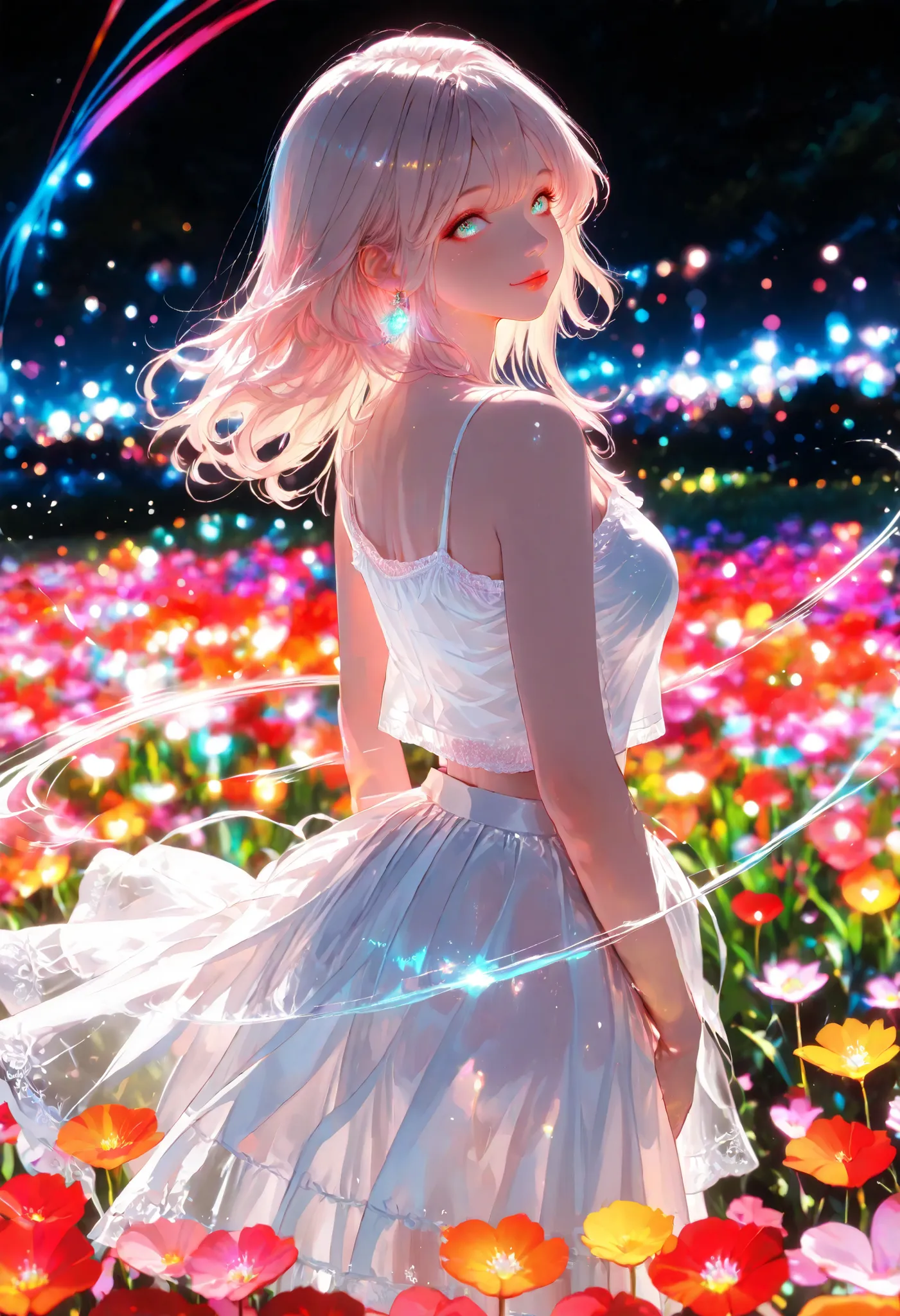 Neon Light Border Shining Woman Illustration, ((Spinning Motion:1.4, The hem of the skirt widens:1.2)), white camisole, white long skirt, Beautiful Woman with Shining Outlines, Glowing flower field, Summer Scenery, Amazing Scenery High Resolution,4K,high q...
