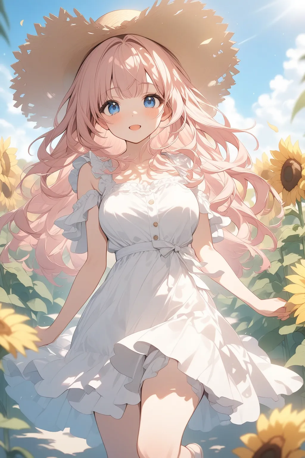top quality、HIGH DEFINITION、big boobs、masterpiece、shallow depth of field、HDR effects 、cute、normal number of fingers、in a field of sunflowers、風にスカートがふわっと揺れる白いノースリーブワンピースを着た少女が片手でStraw Hatを押さえながら振り返って笑っている、the girl's hair is semi-long natural brown、waving in the wind、blue sky and white clouds in the background、Dazzling Summer Sunlight、simple white flare dress、Straw Hat（With a thin ribbon）、feet are bare feet or white sandals、so beautiful