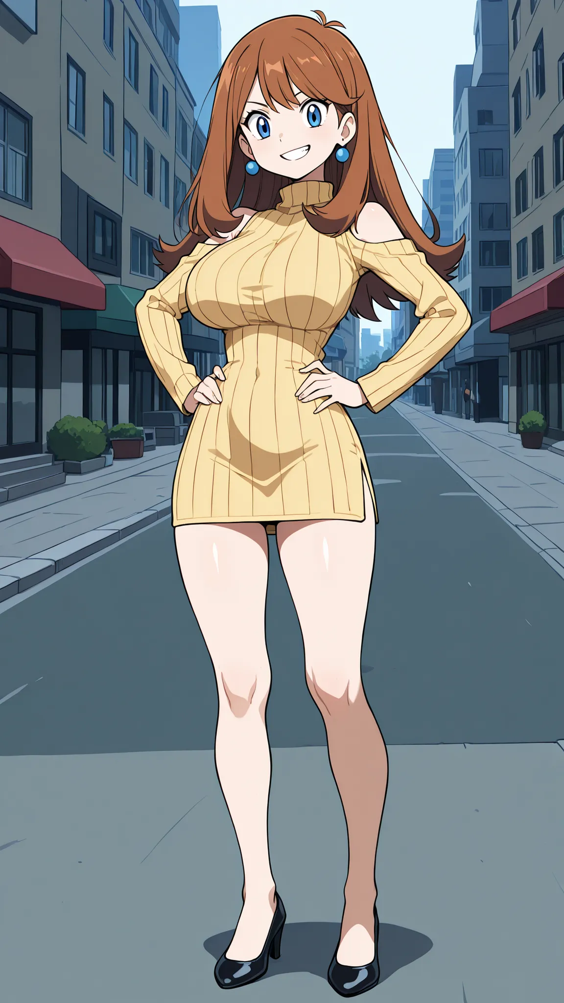 adult older sister, Tall, big boobs, slim sexy body that can be licked by mobs, jam one's hands on one's hips, Beautiful shoulders, Miwaki, Cream-colored Long Sleeves Vertical Striped Sweater, thighs, Beautiful legs, Beautiful legs, black high heels, ((top...