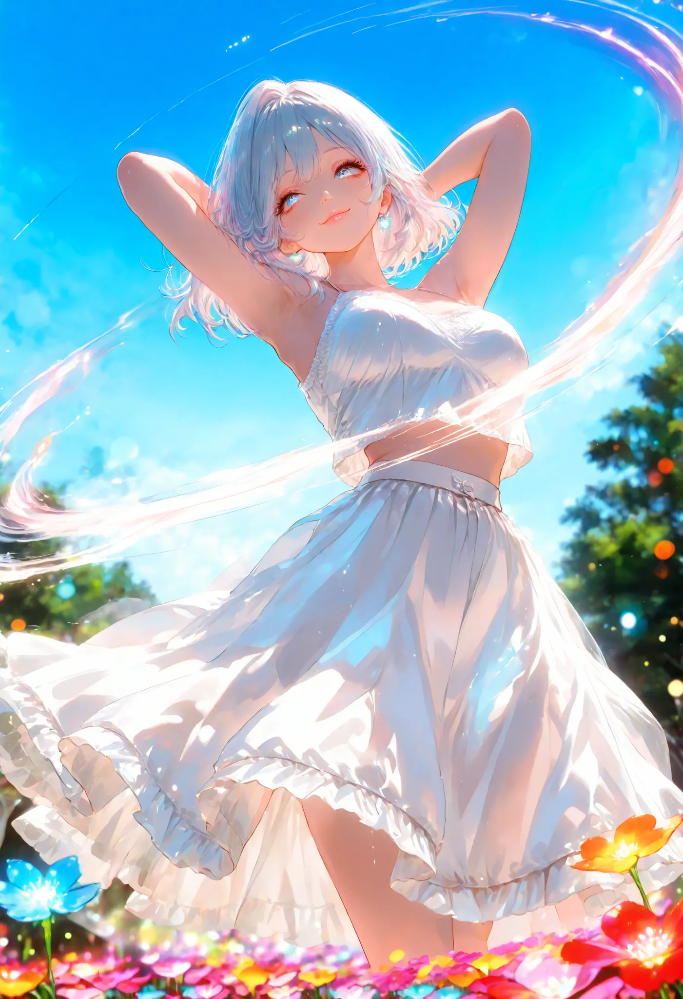 Neon Light Border Shining Woman Illustration, ((Spinning Motion:1.4, The hem of the skirt widens:1.2)), put your hands behind your head, white camisole, white long skirt, Beautiful Woman with Shining Outlines, (Beautiful Face Details: beautiful blue eyes, ...