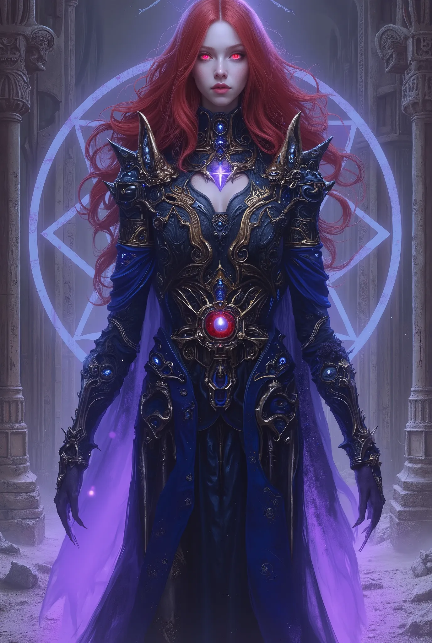 neon colored, (photos realistic:1.7),A mystical female figure with red hair and glowing red eyes, wearing an elegant futuristic robe with geometric patterns and eye-like motifs. Her armor is indigo and violet, biomechanical in design, with symmetrical glow...
