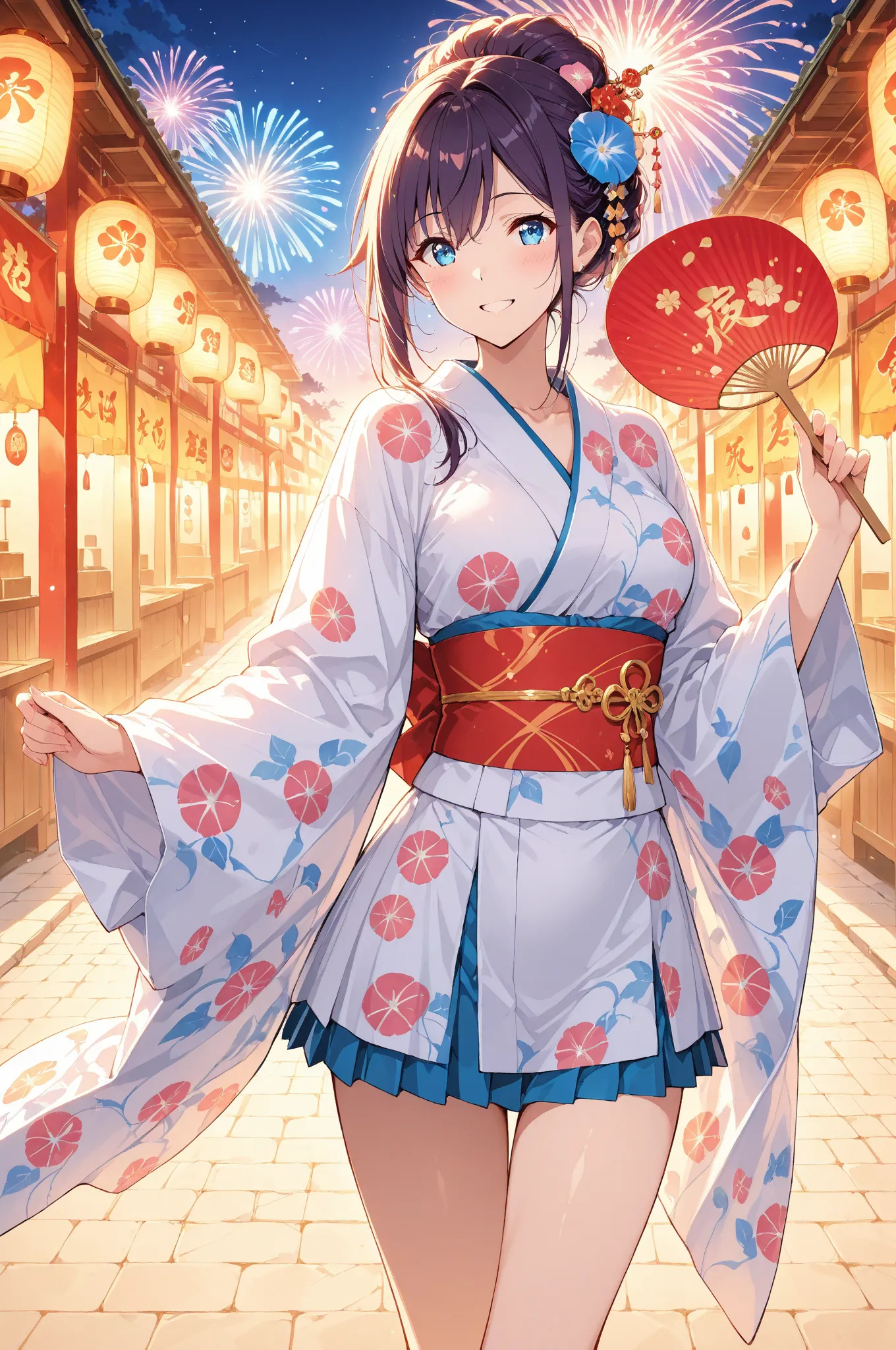 character:
base:subject 25-year-old Japanese anime woman, ((adult)), style festival anime artwork
appearance:
hair:color jet black, length ultra-long elegant, style traditional updo, accessories decorative kanzashi
eyes:color warm brown, shape large serene, expression peaceful festival enjoyment, details lantern reflections
face:expression satisfied summer night smile, details traditional beauty
body:build graceful feminine, proportions traditional anime
BREAK
outfit:
theme:modern mini skirt yukata style, color_scheme indigo blue and white
components:
top:primary modest mini skirt yukata-style blouse, secondary obi sash, details morning glory patterns
bottom:type indigo mini skirt, style modern festival wear
accessories:jewelry traditional hairpin, other paper fan
BREAK
scene:
environment:setting traditional festival grounds, atmosphere magical summer night
background:elements countless paper lanterns and festival stalls, details warm festival glow, depth layered festival atmosphere
lighting:primary lantern illumination, direction warm festival lighting, effects magical summer night glow
BREAK
technical:
quality:prefix masterpiece best quality very aesthetic, detail hyper-detailed festival atmosphere, resolution 8k uhd
style:art_type traditional festival anime, aesthetic overwhelming summer festival beauty