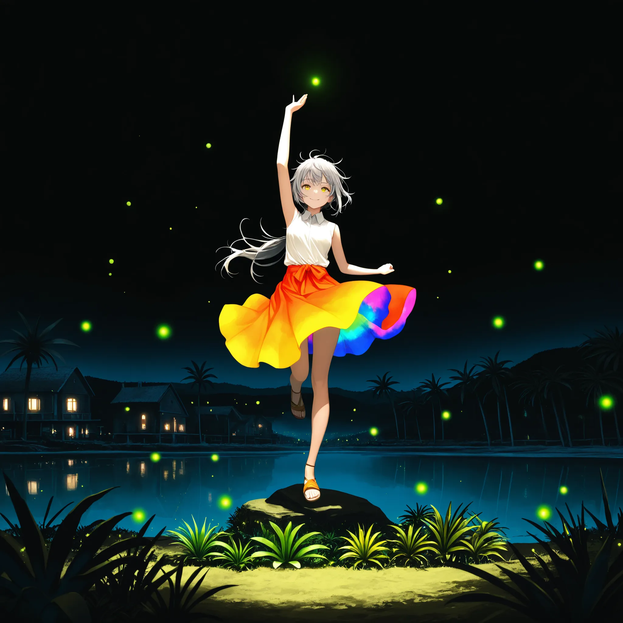  score_9, score_8_up, score_7_up, masterpiece, source_anime,1girl, full body, Limited Palette , black background, colorful ,glowing contours,neon, black light,detailedeyes,iris,dynamic motion, dynamic motion, close up, ((arm up, jump, tropical plants, fire...