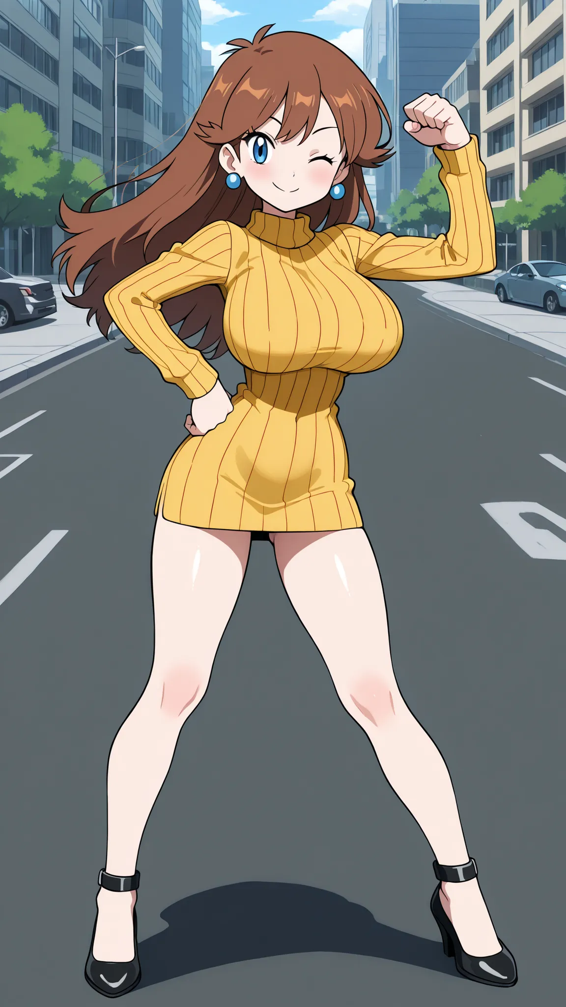 adult older sister, Tall, big boobs, slim sexy body that can be licked by mobs, fist pump, Cream-colored Long Sleeves Vertical Striped Sweater, thighs, Beautiful legs, Beautiful legs, black high heels, ((top quality)), ((masterpiece)), ((details)), expand ...