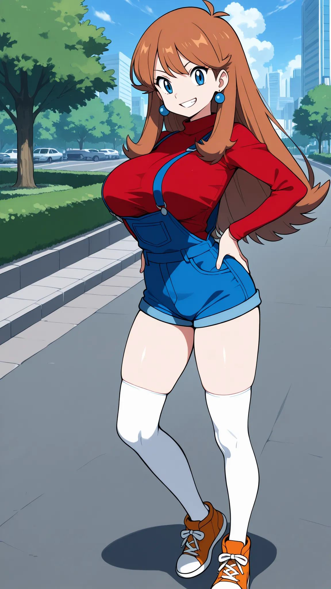 adult older sister, Tall, big boobs, slim sexy body that can be licked by mobs, jam one's hands on one's hips, orange sneakers with hee-cups, bare hands, red long sleeve knitted shirt, blue overalls denim overalls, white knee-high stockings, Absolute regio...