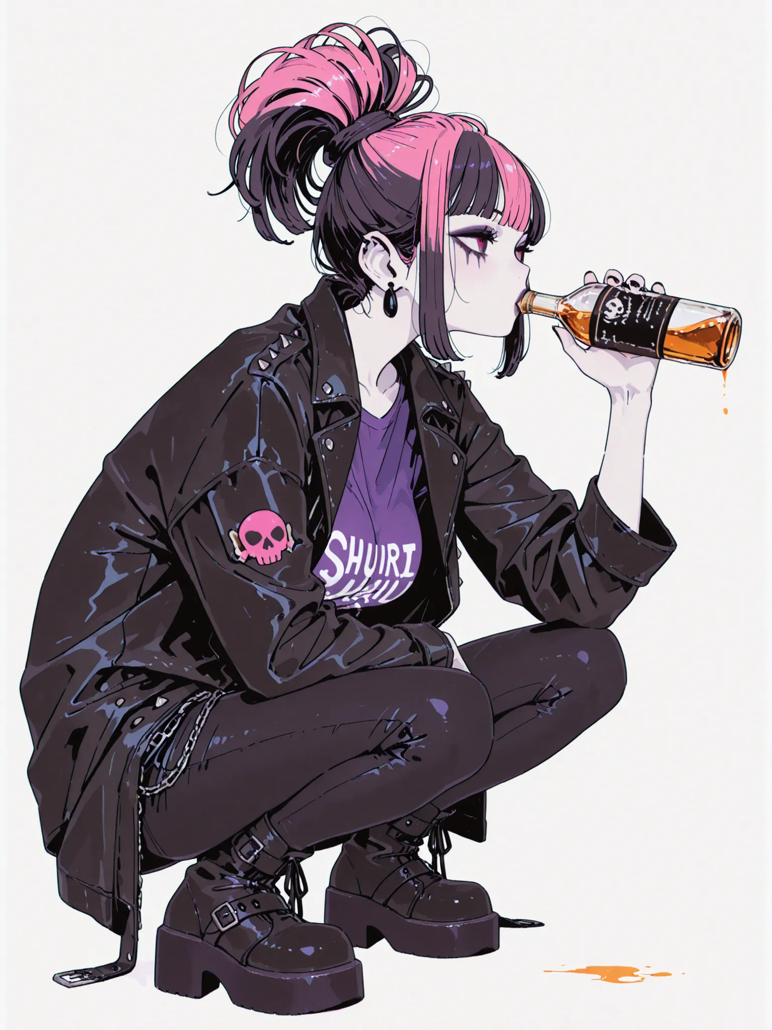 A tall punk goth girl with pale skin and striking goth makeup. She has a vivid pink mohawk hairstyle. She's wearing a black leather jacket with metallic studs, chains, and skull patches, paired with tight black jeans and chunky platform boots. Under her ja...