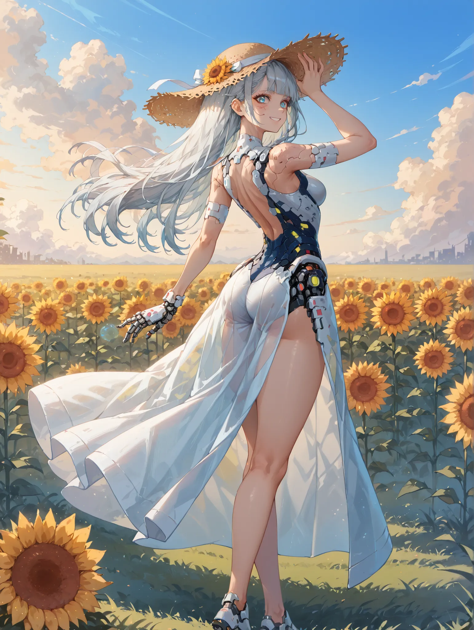 For Mechanical Sides、High Quality、anatomically accurate、  android girl、gray hair、detailed body , Cyberpunk Shiny White Armor, very sexy 、my skin is white, layered,  Display of internal mechanisms , mechanical body、big boobs, thin waist, Mechanical arm、Nice...
