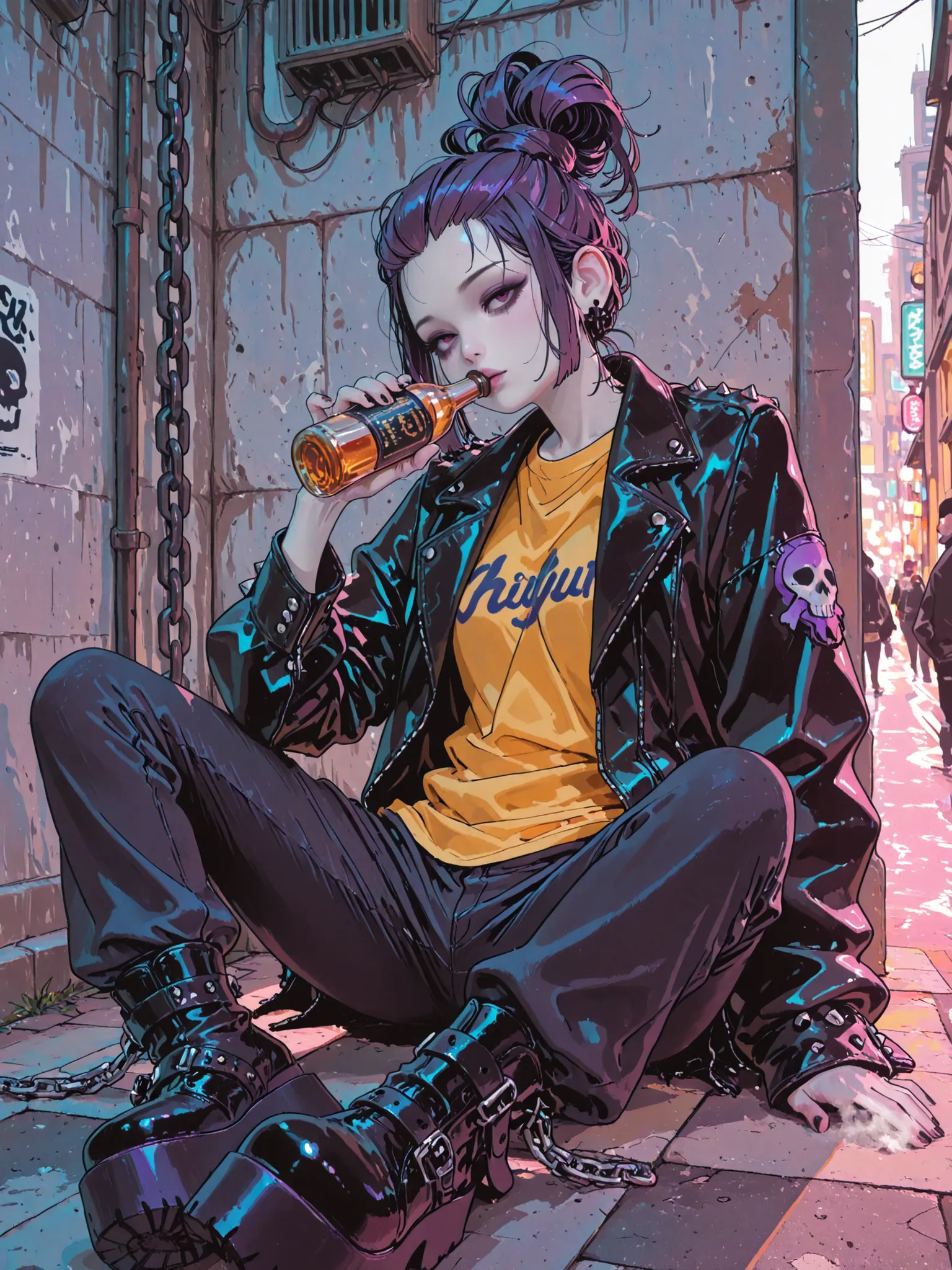 A tall punk goth girl with pale skin and bold goth makeup. She has a purple mohawk hairstyle, wearing a black leather jacket with studs, chain accessories, and skull patches. Tight black jeans and chunky platform boots complete her outfit. Under the jacket...