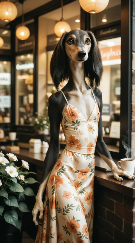 happy girl standing in a floral summer dress. Set against an coffee shop backdrop that is covered in flowers. saluki, greyhound, borzoi, sighthound, beautiful eyes, golden eyes, paws, (black fur), flat chest