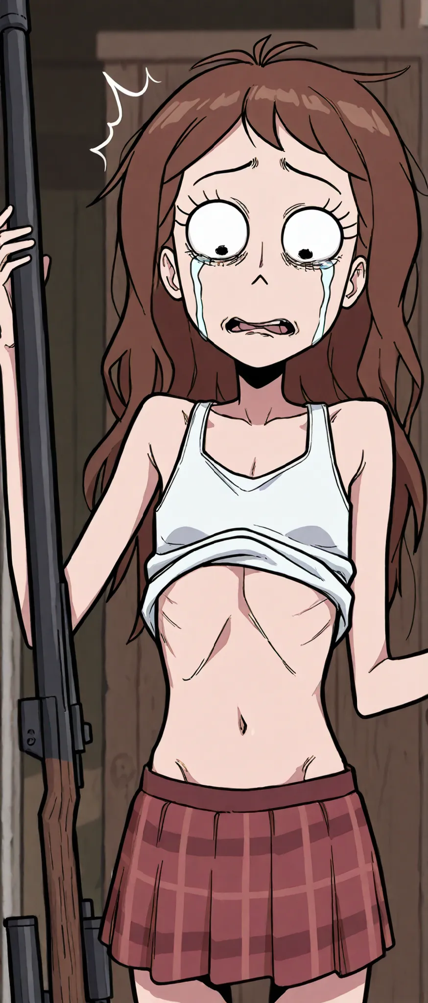 Rick and morty artstyle, 1 girl, an extremely skinny Tricia Lange is struggling to lift a large sniper rifle with a brown wooden stock with both arms, she is completely flat chested and extremely skinny, her ribs are showing, hip bones, tiny flat breasts, ...