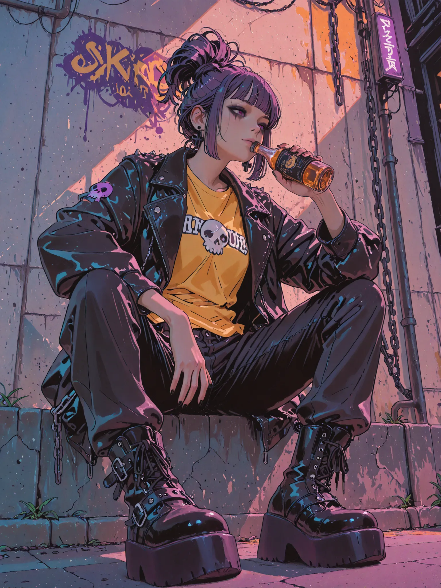 ((low angle)) A tall punk goth girl with dark skin and bold goth makeup. She has a purple mohawk hairstyle, wearing a black leather jacket with studs, chain accessories, and skull patches. Tight black jeans and chunky platform boots complete her outfit. Un...