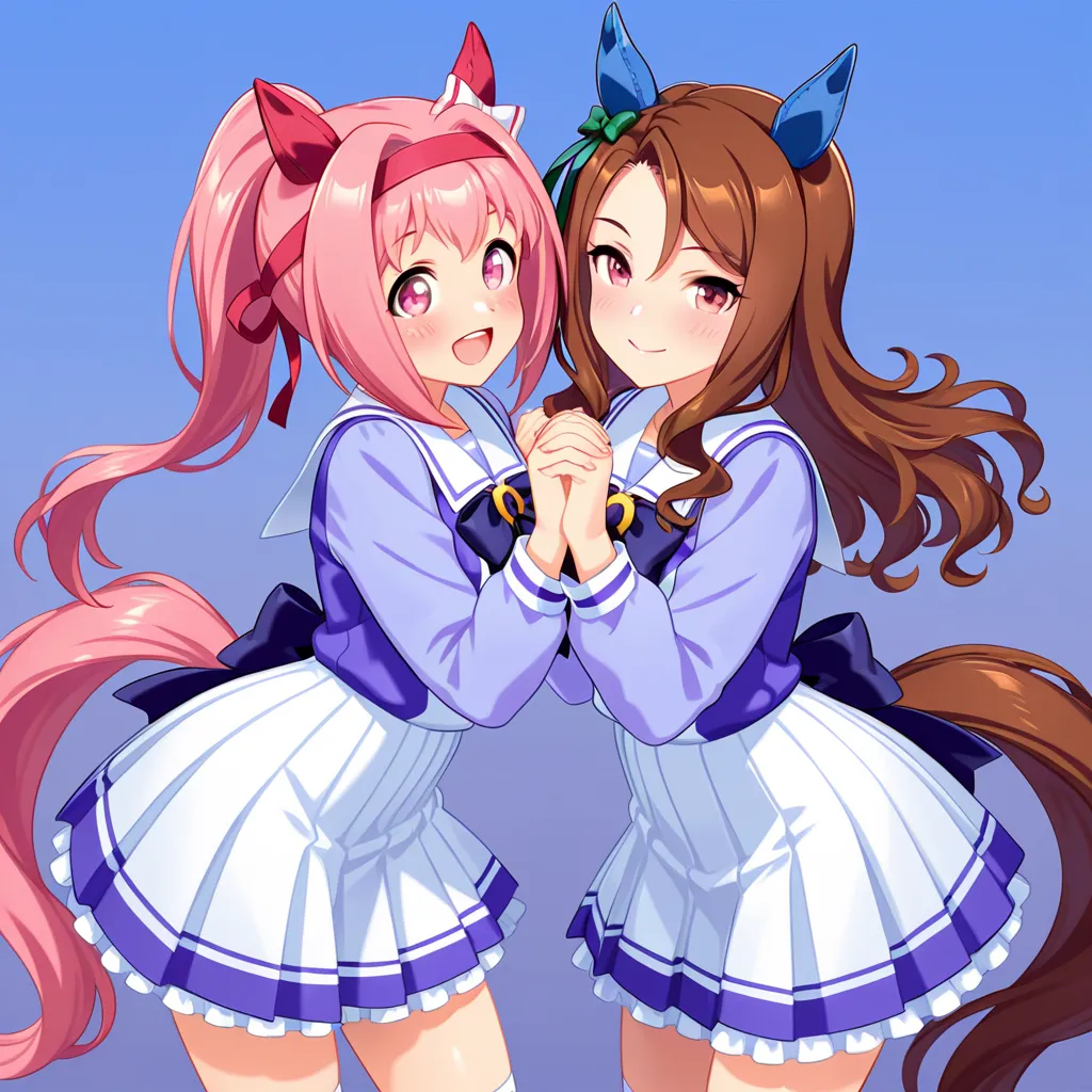Uma Musume, super masterpiece, super highest quality, super highest quality, super highest detail, super highest resolution, beautiful image, artistic image, 256K, two girls, two shots, Haru Urara (Uma Musume), King Halo (Uma Musume), horse ears, tail, smile, blush, cute and adorable, precious, heartwarming, gentle world,