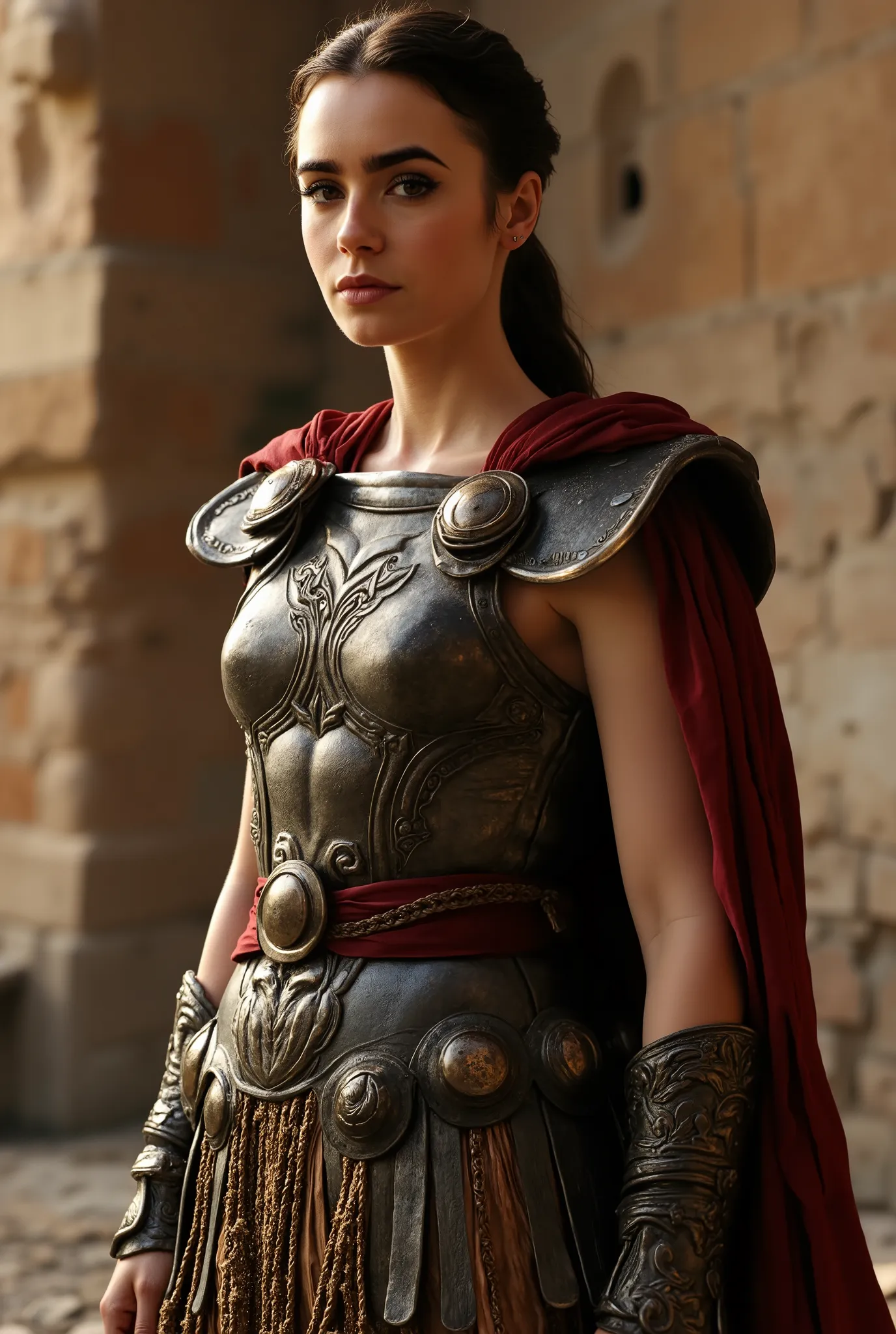 Lily Collins wearing Roman Soldier's Clothes