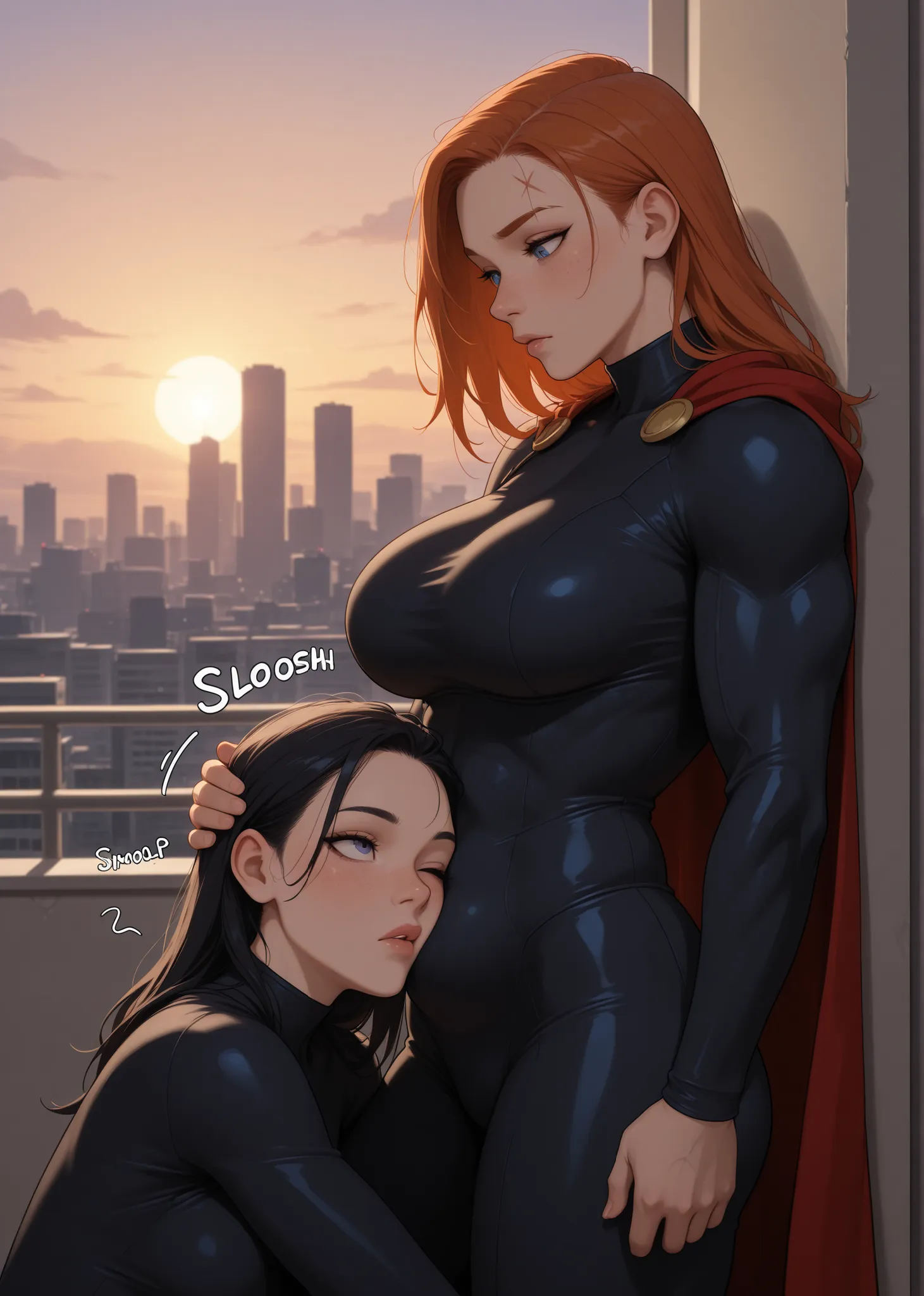 masterpiece, high quality, best quality,
cityscape, supervillain bodysuit, cape, toned, abs, muscles,
visible forehead, freckles, moles, detailed eyes, detailed lips,
slim body, slim waist, slim belly, skinny, athletic, slight muscles, large breasts,
...