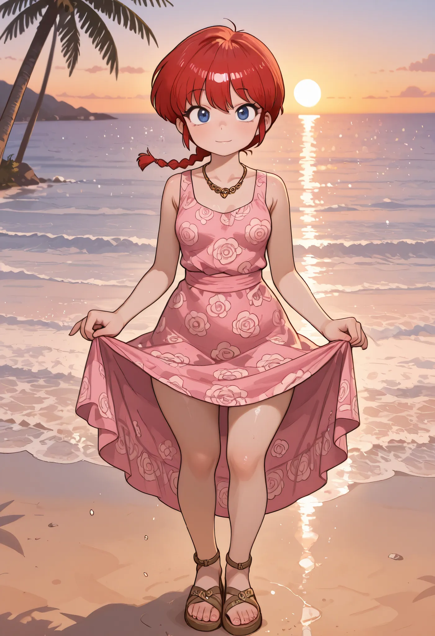 Ranma Saotome. red hair. blue eyes. braid. small breasts. wide hips. necklace. black eyeliner. pink manicure. | masterpiece, best quality, amazing quality, very aesthetic, perfect eyes, crestyle, 1girl, solo,looking_at_viewer , dress, bare_shoulders, stand...