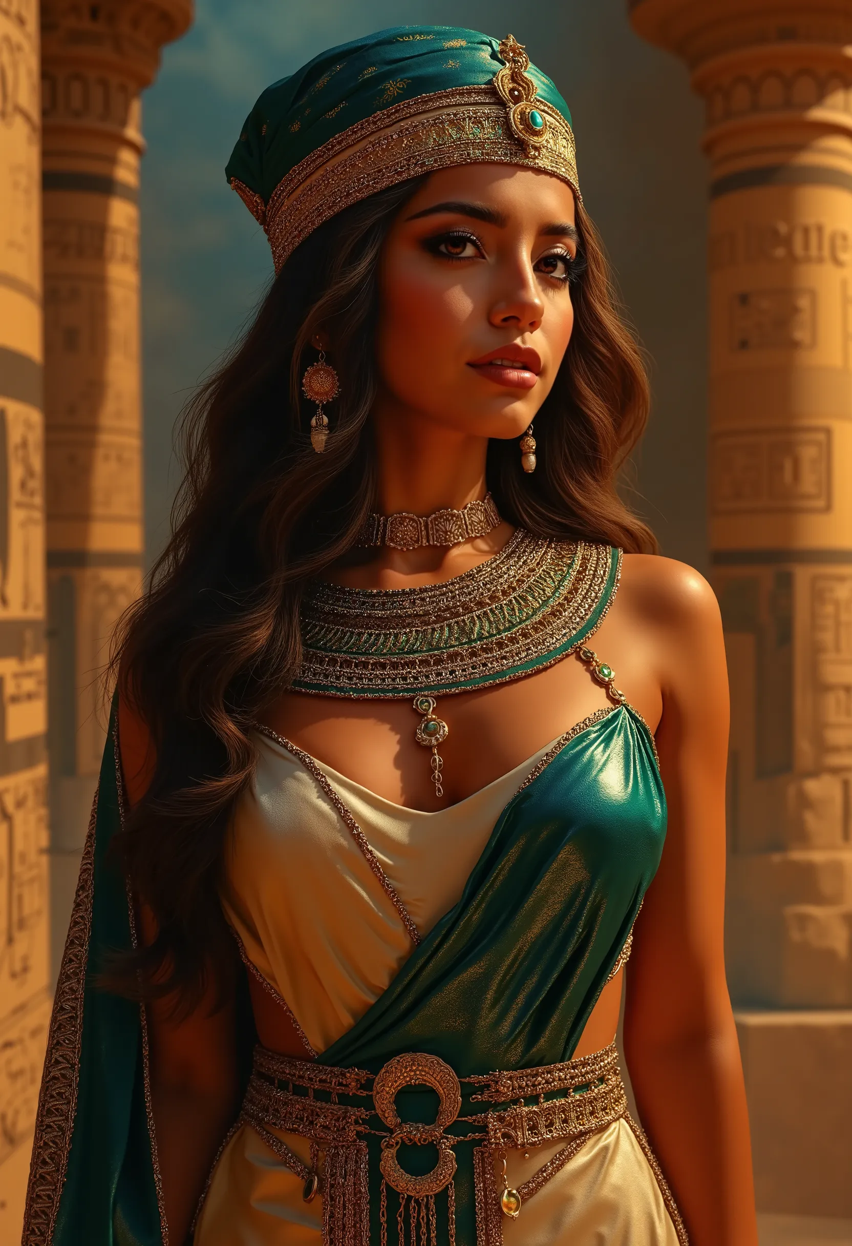 Isabela Merced wearing ancient Egyptian women's clothing 