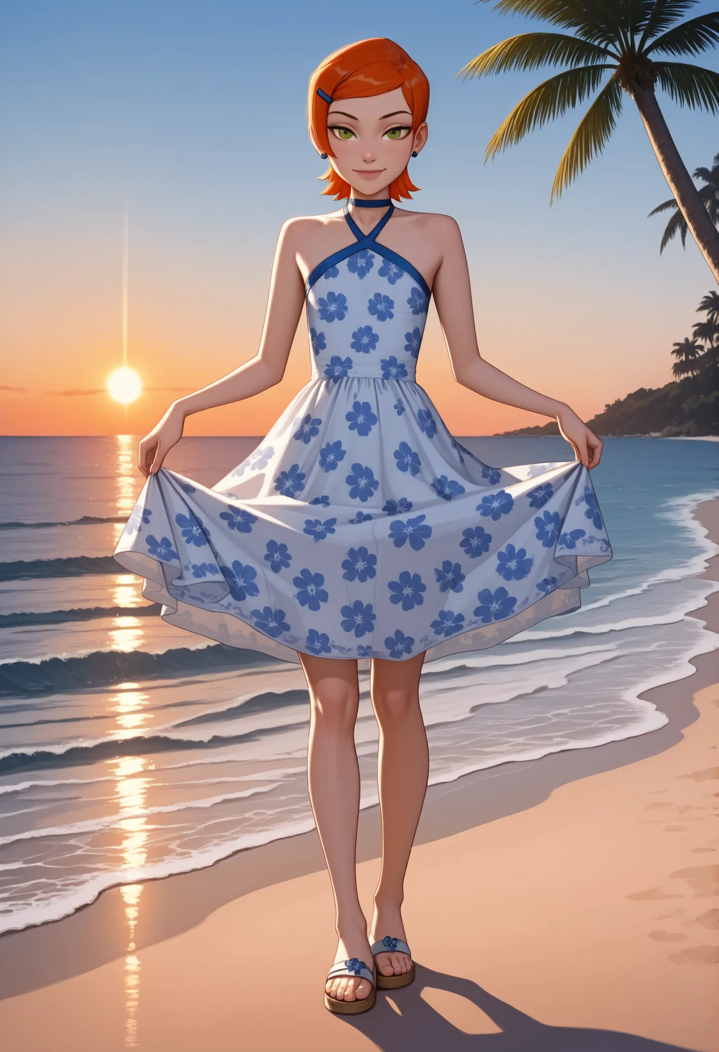 Gwen Tennyson . ginger . short hair . green eyes . flat breasts, flat chest, huge hips . slim body . choker . |  masterpiece, best quality, amazing quality, very aesthetic, perfect eyes, crestyle, 1girl, solo,looking_at_viewer , dress, bare_shoulders, stan...