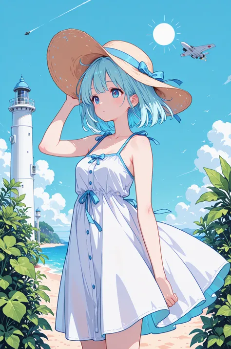 (masterpiece, best quality:1.2), UHD, retina, highres, 4K, 8K, ultra-detailed, highly detailed, super detailed, anatomically correct, perfect anatomy, detailed hands; summer beach scene; anime girl,1girl, pale turquoise hair:1.2, blue eyes, fair skin; casual posing, dress fluttering in the wind:1.1, character shadow; white sundress, white sun hat; bright blue sky, pale beige sand, turquoise sea; background lighthouse, small islands, military jet flying overhead:1.1, beach plants and greenery; vivid aesthetic;