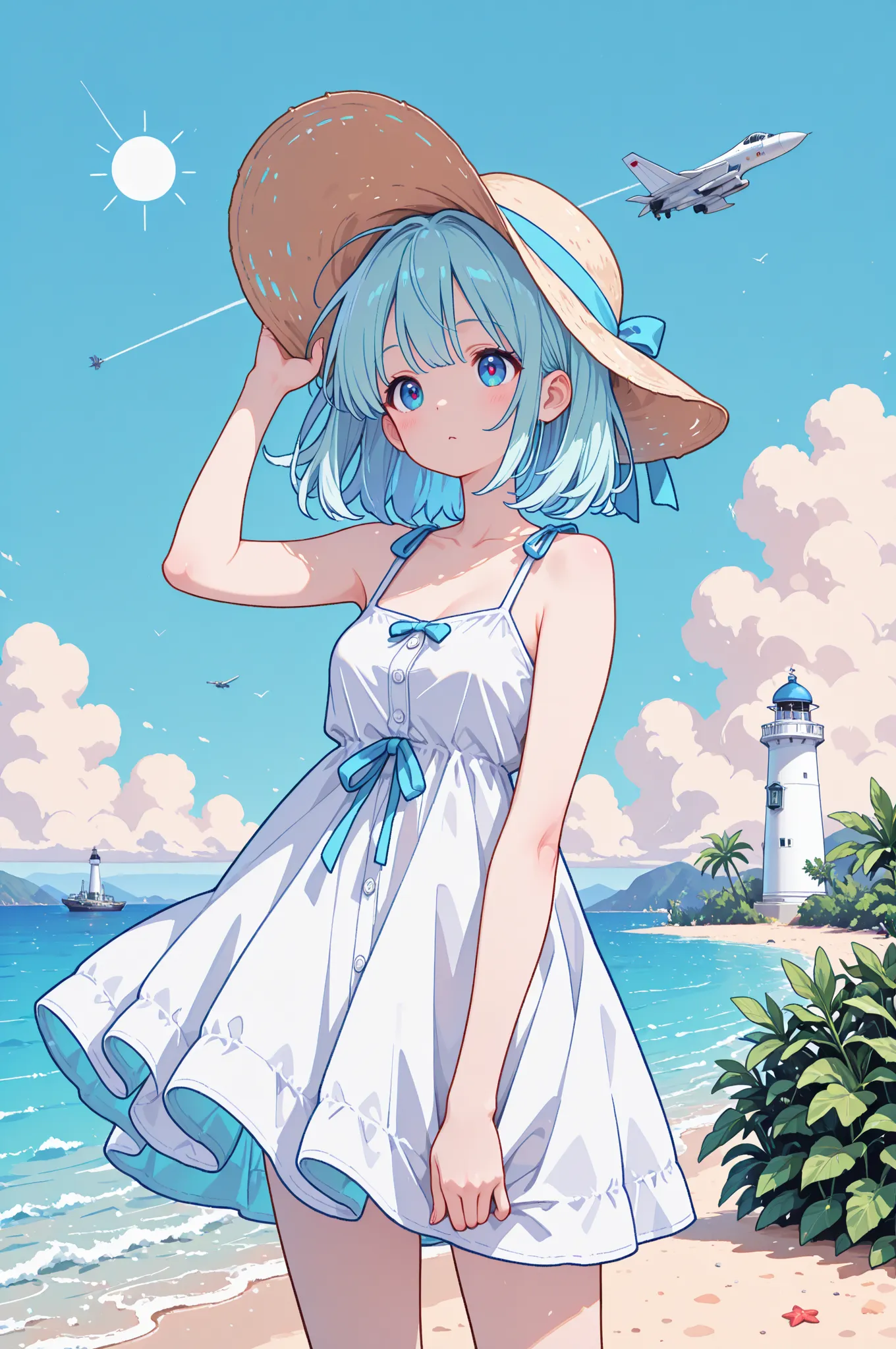 (masterpiece, best quality:1.2), UHD, retina, highres, 4K, 8K, ultra-detailed, highly detailed, super detailed, anatomically correct, perfect anatomy, detailed hands; summer beach scene; anime girl,1girl, pale turquoise hair:1.2, blue eyes, fair skin; casual posing, dress fluttering in the wind:1.1, character shadow; white sundress, white sun hat; bright blue sky, pale beige sand, turquoise sea; background lighthouse, small islands, military jet flying overhead:1.1, beach plants and greenery; vivid aesthetic;