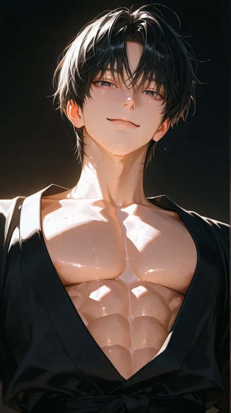 1 male, perfect eyes, Impressionist Painting Style, Realistic Skin, perfect face,semi-realism detail, Highly detailed, Realistic Hair, Realistic Details, 8k, beautiful masterpiece,Upper body with visible muscles, Short Black Hair、With waist, bangs, black ...