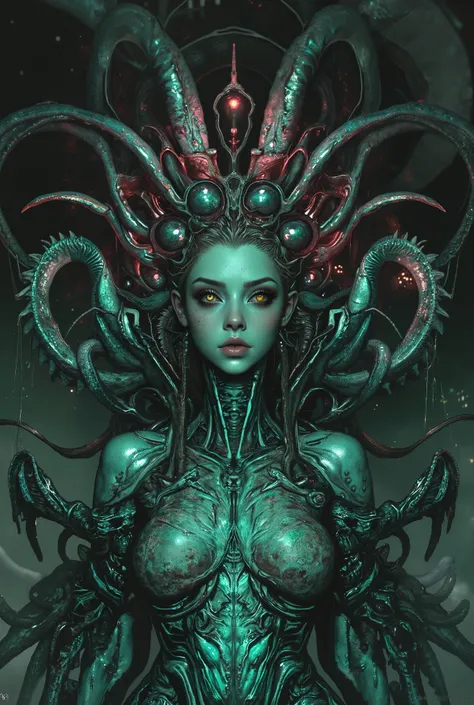 neon colored, (photos realistic:1.7), (1 beautiful and erotic female alien:1.4), (There is a female genital-like organ in the middle of her forehead:1.95), She has medusa-like hair, (there are lots of translucent tentacles from her head like her hair:1.5),...