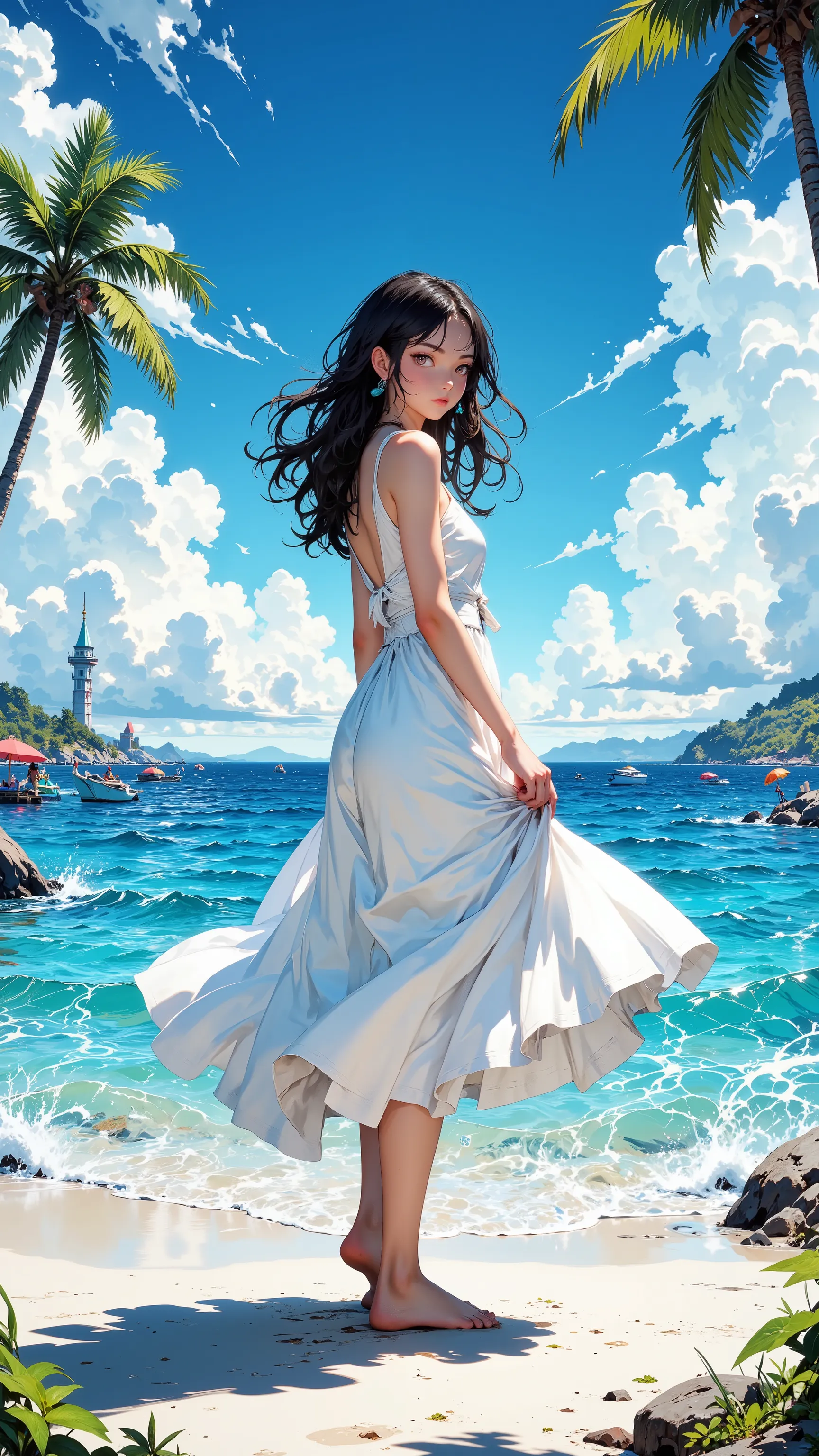 top quality, master piece, Ultra Fine, Clear blue ocean , Young Woman in a White Dress, fresh summer sunshine, Long flowing hair, Back View Standing on a Sandy Beach, elegant appearance, swaying skirt hem, Sparkling Waves, clear blue sky, Gentle sea breeze...
