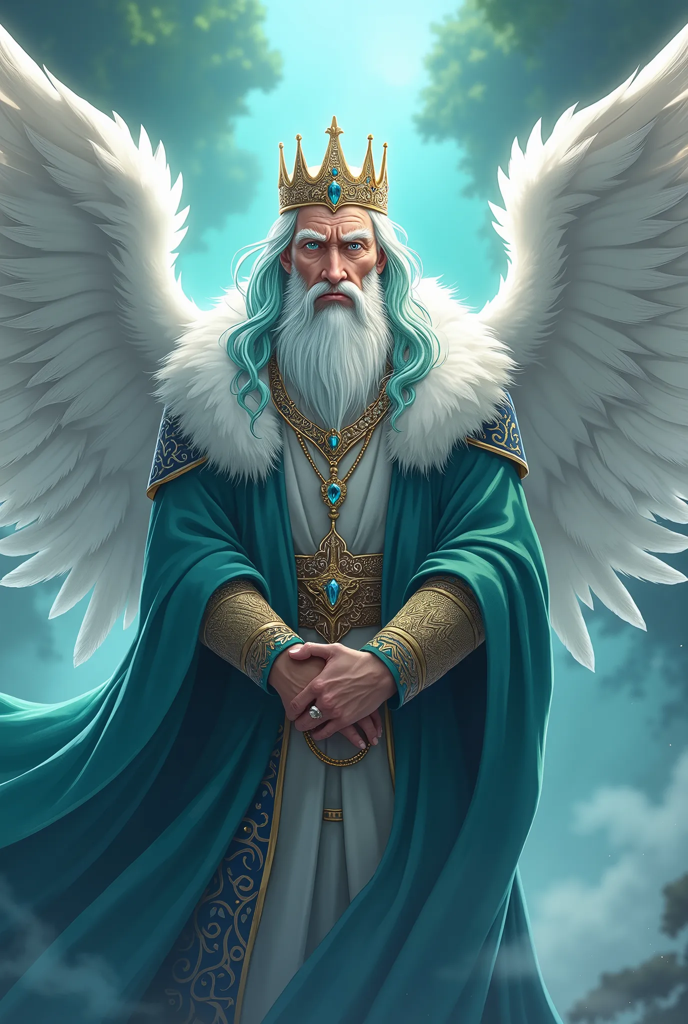an old man king, wearing heavenly king clothes, with turquoise hair and wings, Let it be serene, Anime style, blue eyes, sabio, con barba
