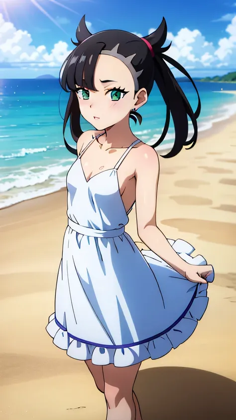 Marnie Pokemon, Marnie \(Pokemon\), blue-green eyes, green eyes, black hair, straight hair, medium hair, asymmetrical bangs, earrings, (small breasted), (masterpiece, highest quality, highly detailed, 8k:1.2), (anime coloring), Perfect eyes, detailed eyes...