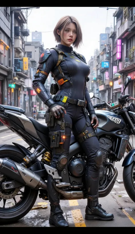 (A pretty woman),(((A female member of the Future Force standing with a motorcycle))),((Navy Tactical Leggings)),((Tactical Holster)),(Gloves),(Serious),(Super short hair),(Blonde:1.5),(beautiful eyes:1.3),(Very detailedな顔:1.5),((Very detailed drawing of a...