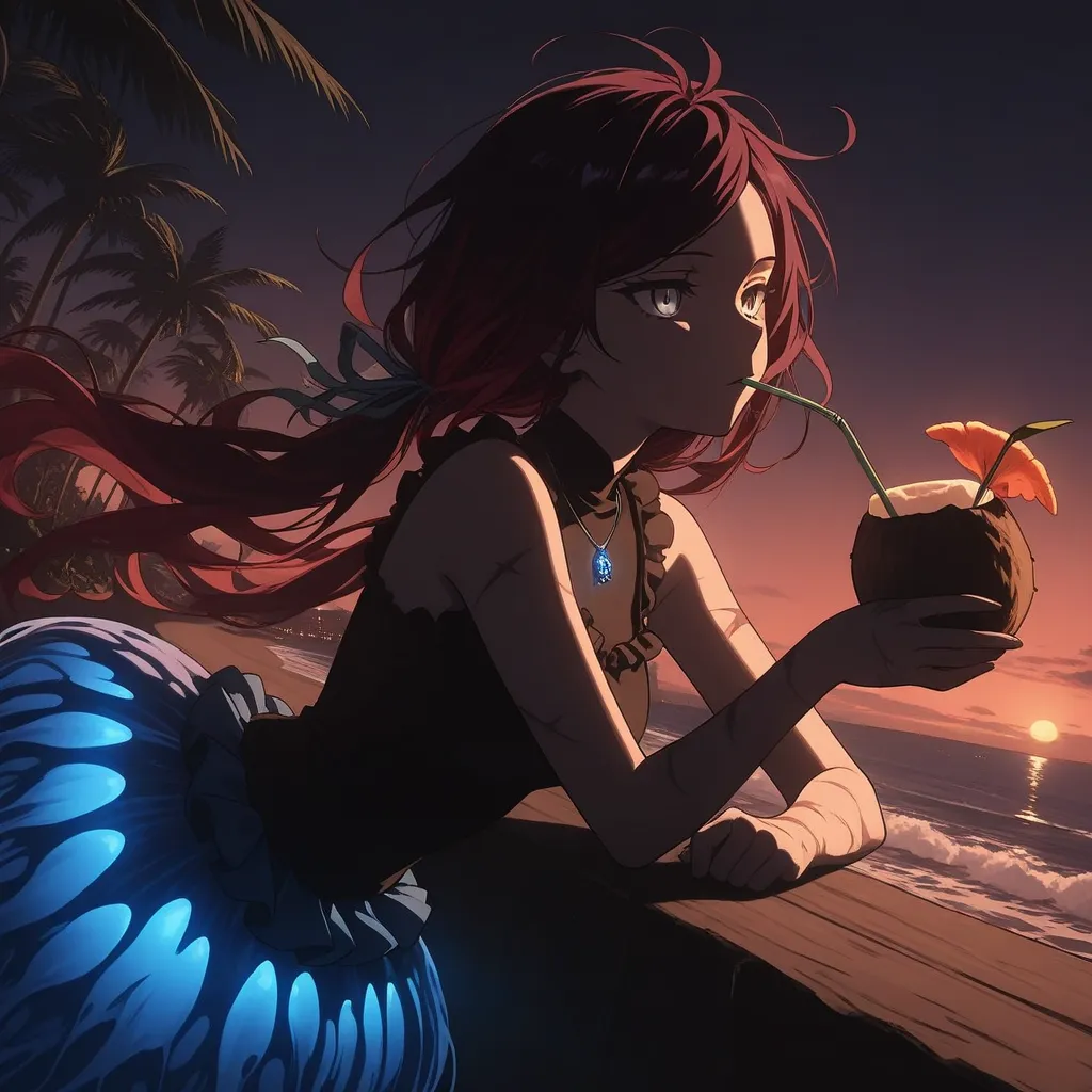 (masterpiece), high quality, best quality, newest, anime character, from side, close up, detailed eyes, expressionless, upper body, messy hair, dark red hair, dark purple highlights, scars on arms, dark shadows on hands, long hair, low twin tails, hair ribbons, light blue ribbons, glowing hair ribbons, swept bangs, gray eyes, lifeless eyes, dynamic angle, long swept bangs, hair ribbons, sleeveless black shirt, dark blue waterdrop necklace, ((glowing skirt, jellyfish skirt, frilled skirt, neon blue skirt)), holding drink, cocktail drink in coconut, sipping drink, beach, dusk, windy, hair blowing in wind, feet in water, tropical plants, leaning palm trees, distant city, city lights, BREAK extreme quality, cg, masterpiece, 8k, dark theme, glowing, serious but cute,