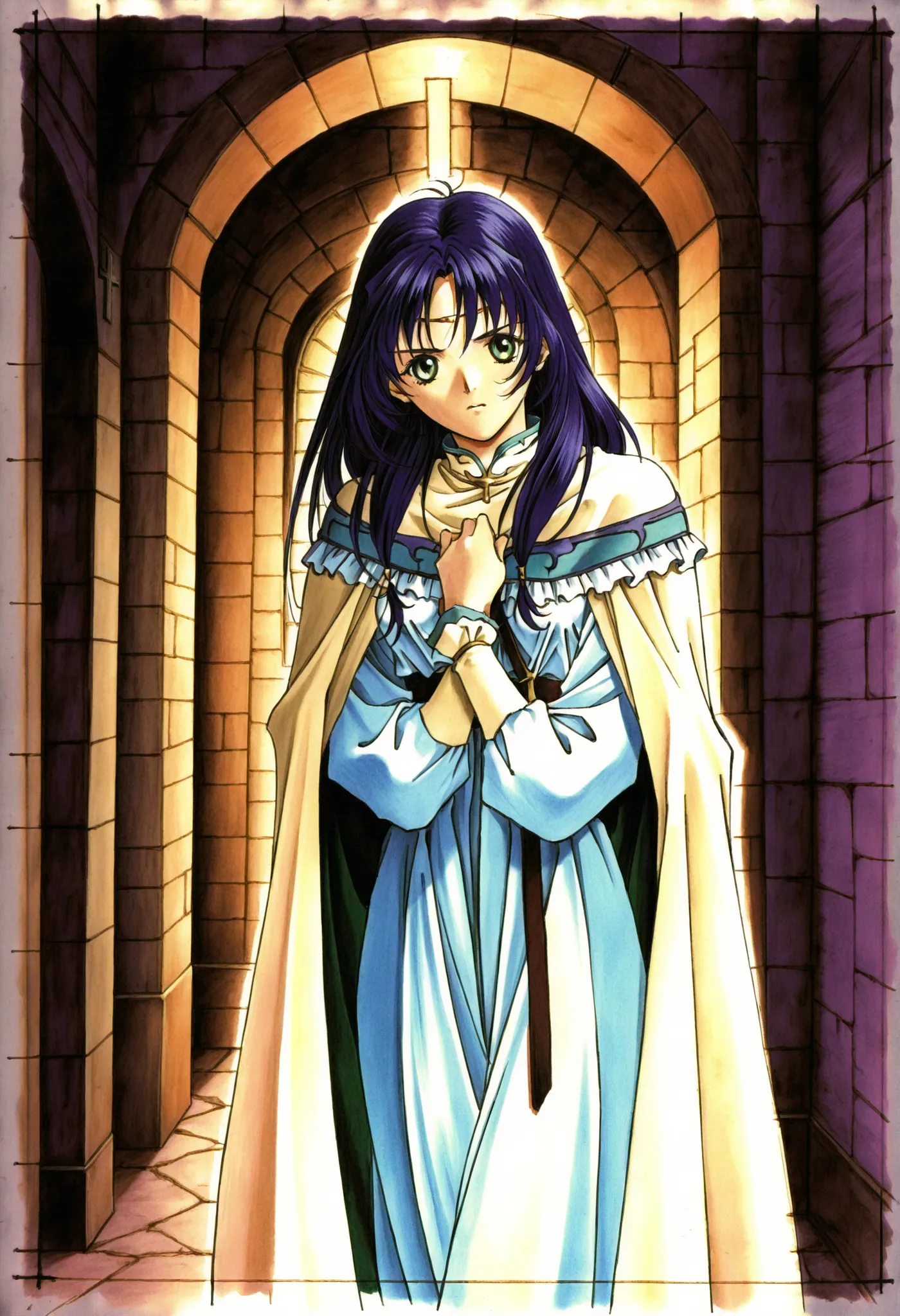 Maria, (rin sin style:1), (traditional media:1.5), a young girl, solo, slim, anxiety, Green Eyes, Long Hair, Deep purple hair, white dress, beige Cape, Inside of the cape: yellow-green, stand, cross arms between breasts, White Blur the outline, Facing forw...