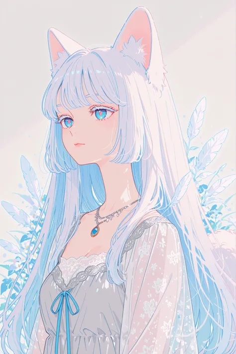 anime,rich,beautiful woman, soft gentle atmosphere, Ragdoll cat girl, silver-white hair with soft grey gradient, long fluffy hair, ice blue eyes, fluffy white cat ears, soft white tail, elegant posture, silky white and silver dress, sheer fabric, delicate ...