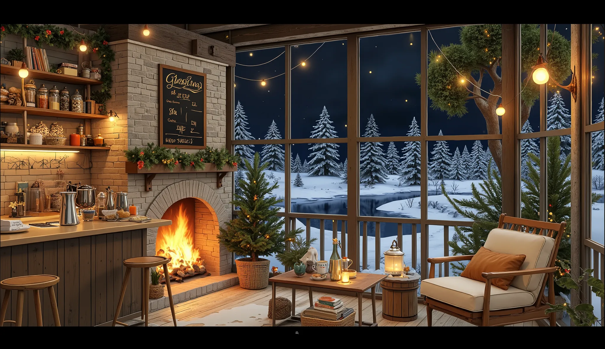 Cozy cabin with fireplace, không có cây Giáng sinhThe scene depicts a Cozy cabin with fireplace, without a rustic cafe Christmas tree, overlooking a beautiful Tranh sơn dầu và acrylic trên vải, một căn bếp của nhà bà ngoại vào ban đêm. Cảnh được dựng theo ...