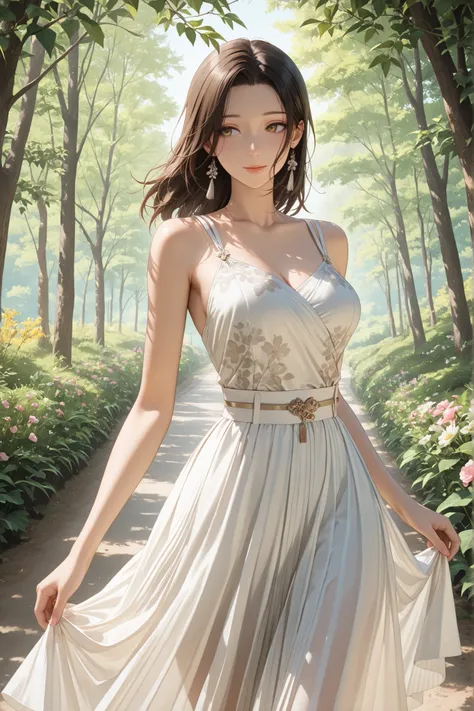 (masterpiece, detailed:1.2), anime CGI render, close-up,summer breeze, flowing skirt, serene atmosphere, nature walk, sunshine, soft glow, feminine elegance, countryside charm, anime-style, slice of life, floral details, romantic tones