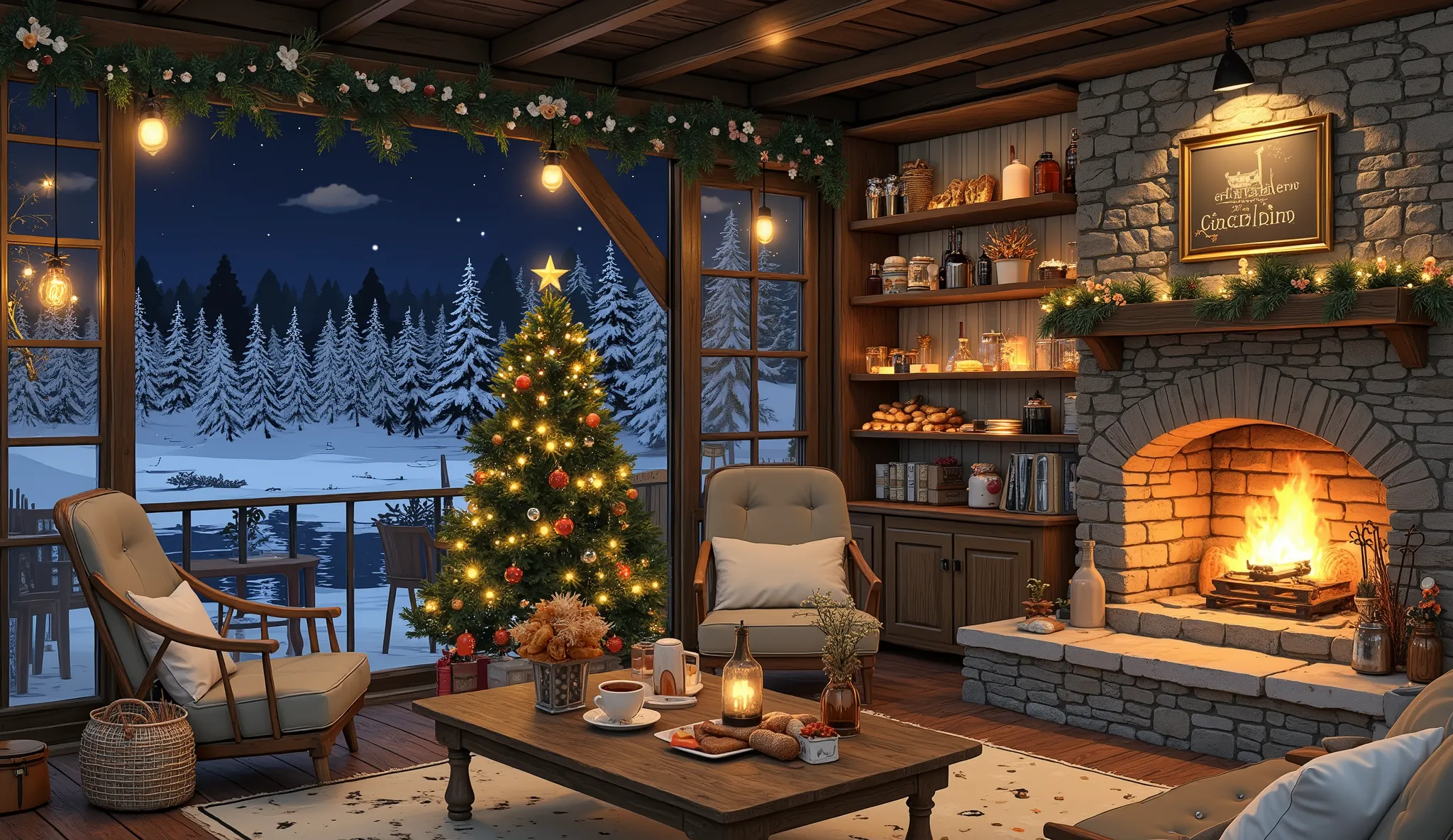 Cozy cabin with fireplace, không có cây Giáng sinhThe scene depicts a Cozy cabin with fireplace, without a rustic cafe Christmas tree, overlooking a beautiful Tranh sơn dầu và acrylic trên vải, một căn bếp của nhà bà ngoại vào ban đêm. Cảnh được dựng theo ...