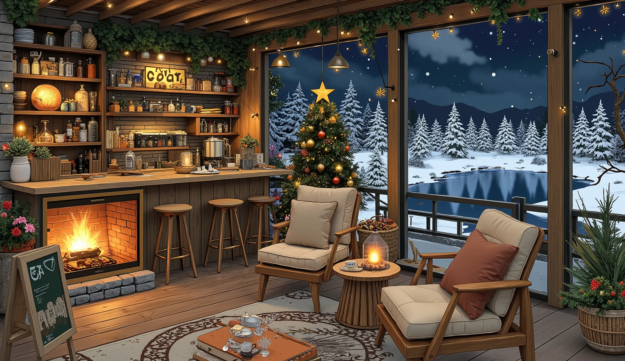Cozy cabin with fireplace, không có cây Giáng sinhThe scene depicts a Cozy cabin with fireplace, without a rustic cafe Christmas tree, overlooking a beautiful Tranh sơn dầu và acrylic trên vải, một căn bếp của nhà bà ngoại vào ban đêm. Cảnh được dựng theo ...