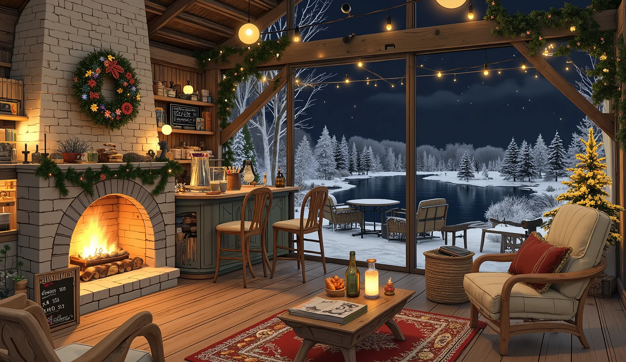 Cozy cabin with fireplace, không có cây Giáng sinhThe scene depicts a Cozy cabin with fireplace, without a rustic cafe Christmas tree, overlooking a beautiful Tranh sơn dầu và acrylic trên vải, một căn bếp của nhà bà ngoại vào ban đêm. Cảnh được dựng theo ...