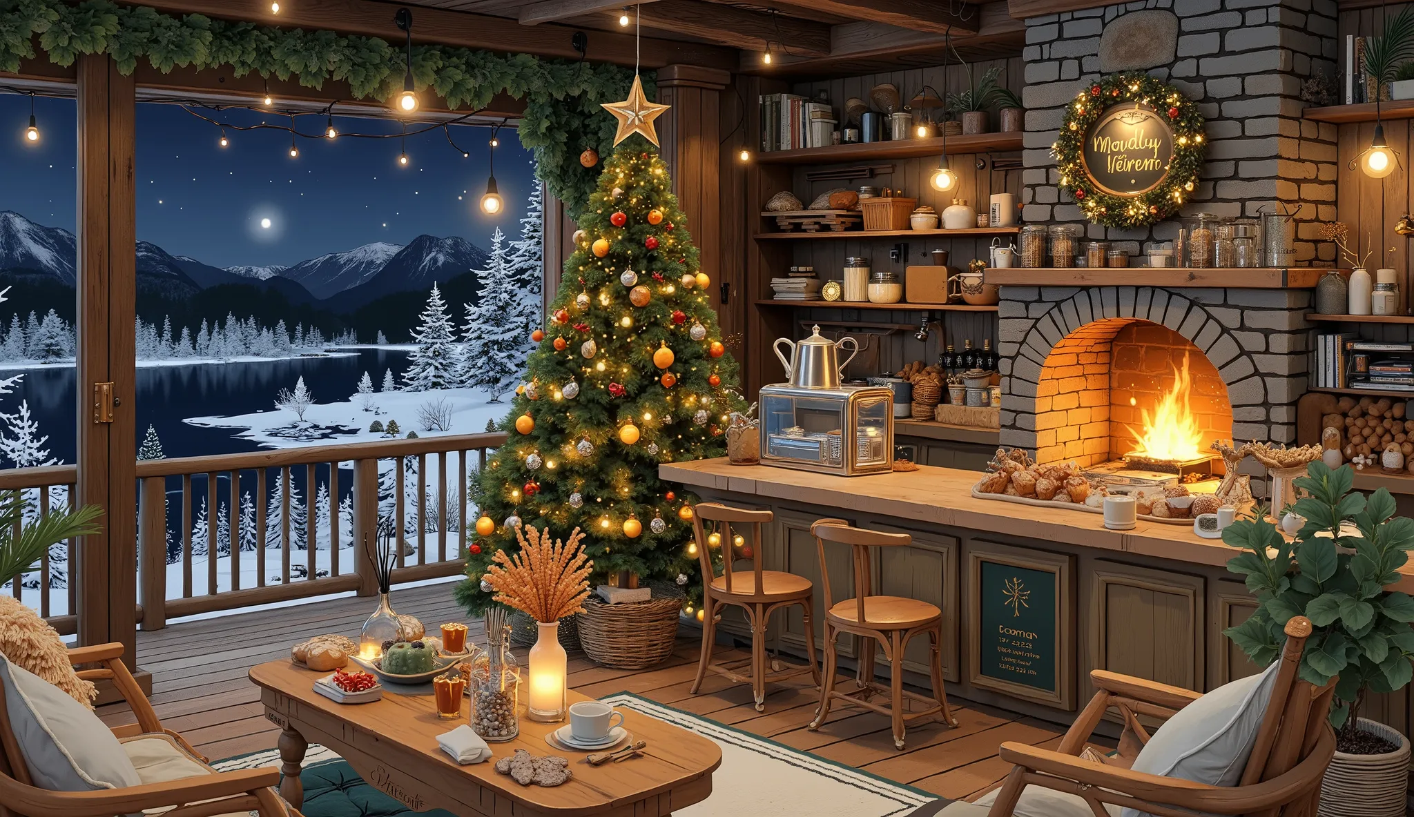 Cozy cabin with fireplace, không có cây Giáng sinhThe scene depicts a Cozy cabin with fireplace, without a rustic cafe Christmas tree, overlooking a beautiful Tranh sơn dầu và acrylic trên vải, một căn bếp của nhà bà ngoại vào ban đêm. Cảnh được dựng theo ...