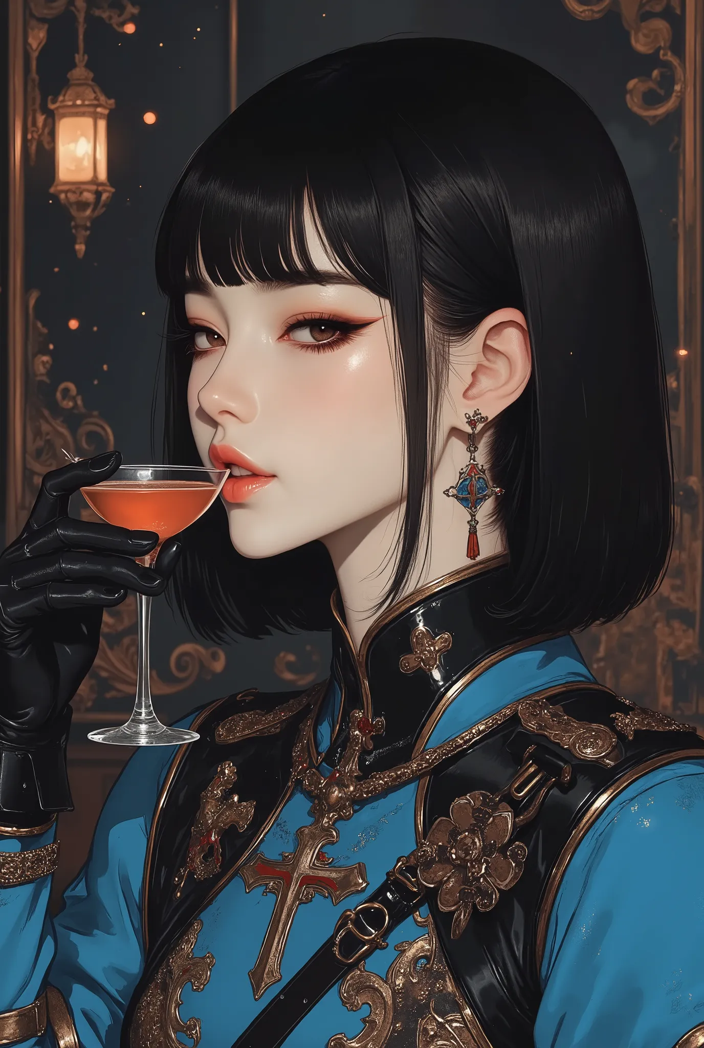 close-up、close-up、An oriental beauty with bangs and a short black bob and a blue knight laughing deliciously drinking a cocktail