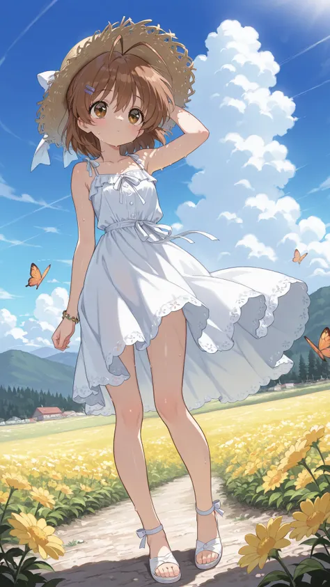 furukawa nagisa \(clannad\) a girl walking in a amidst a field of sunflowers under a dark blue sky with white clouds. the image also shows a serene and peaceful atmosphere. on the middle of the image, a young woman appears to be in her early twenties, wi...