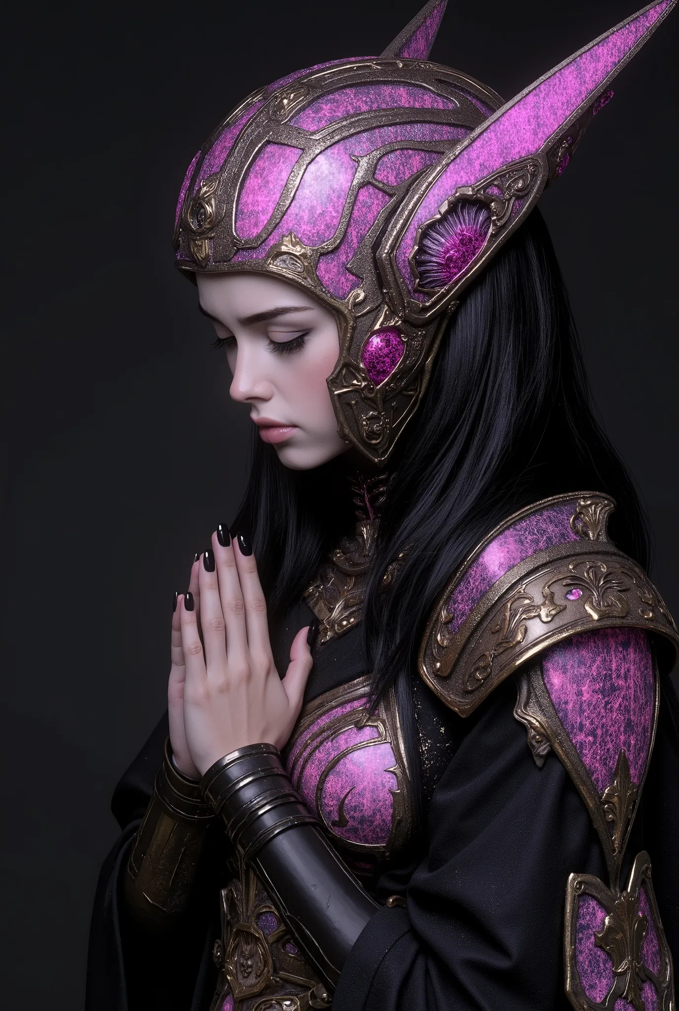 (best quality, 4k, highres, masterpiece:1.2) , ultra-detailed, (realistic, photorealistic:1.37), mysterious and beautiful female humanoid creature with glowing magenta eyes embedded in its iridescent armor, her hands are clasped together as if in prayer, e...