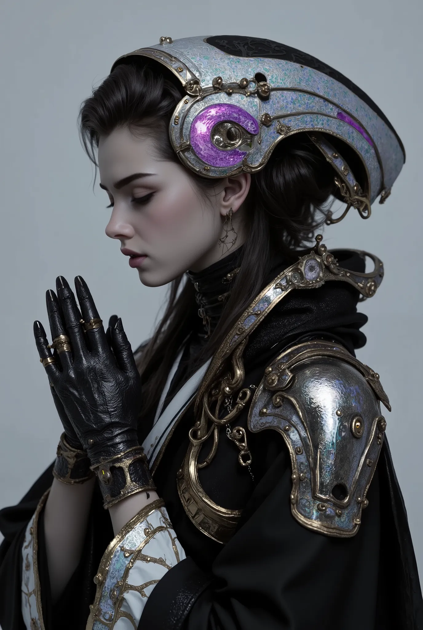 (best quality, 4k, highres, masterpiece:1.2) , ultra-detailed, (realistic, photorealistic:1.37), mysterious and beautiful female humanoid creature with glowing magenta eyes embedded in its iridescent armor, her hands are clasped together as if in prayer, e...